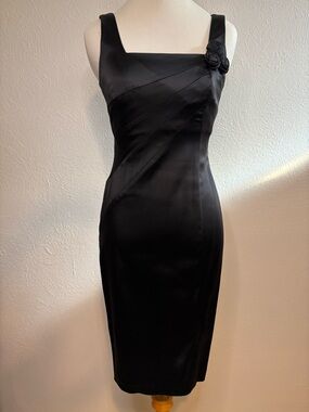Calvin Klein Black Satin Sheath Dress with Rosette Accent Size 2